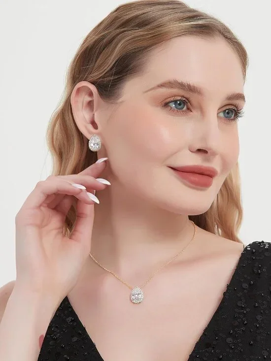 Cubic Zirconia Teardrop Earrings Necklace Bracelet Jewelry Set For Bride Bridesm - Picture 3 of 9